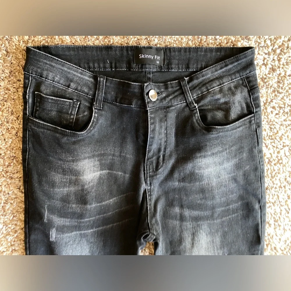 Original Design Skinny black distressed Jeans stone washed Stretchy men's W32